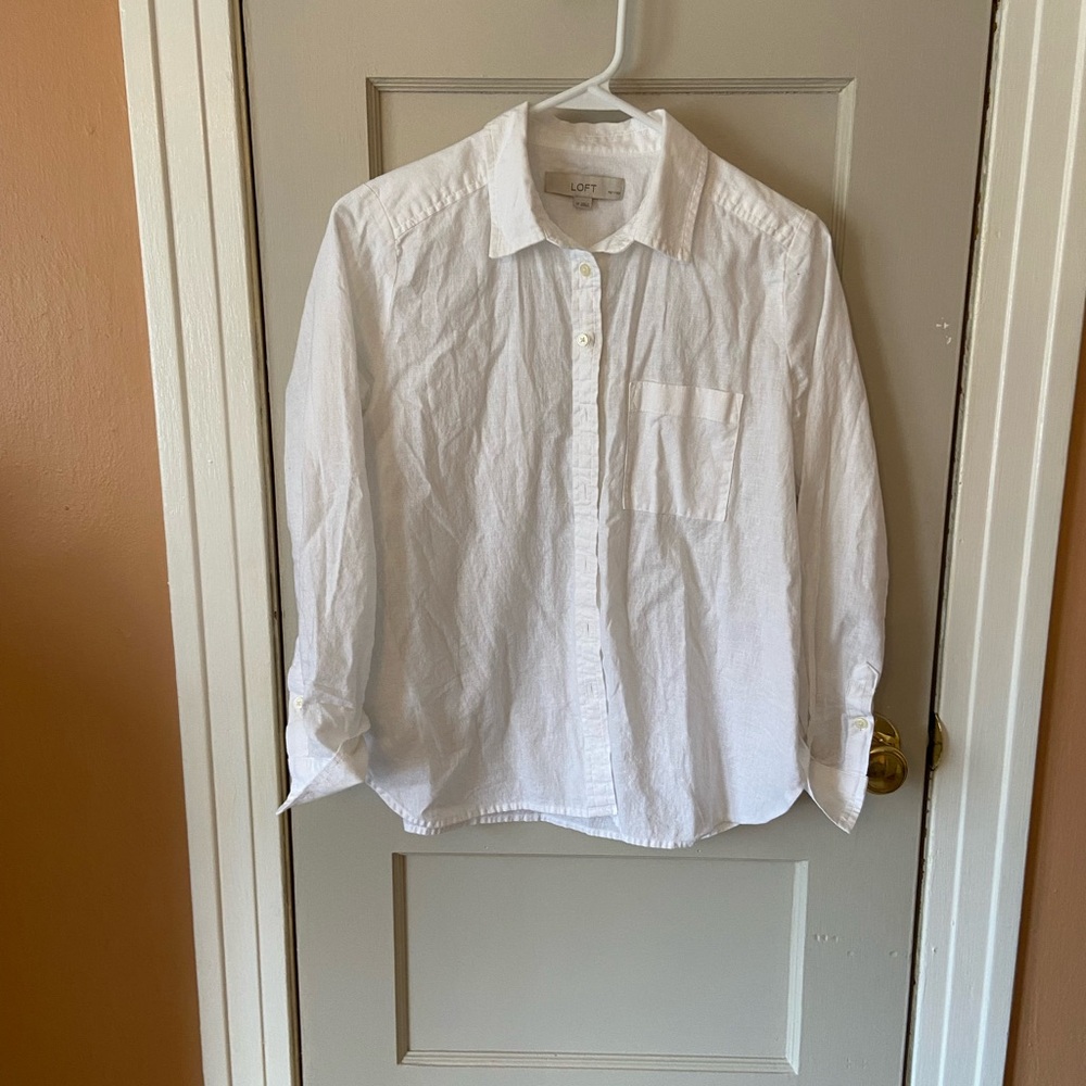 LOFT White Button Down Shirt Classic Cotton Blend